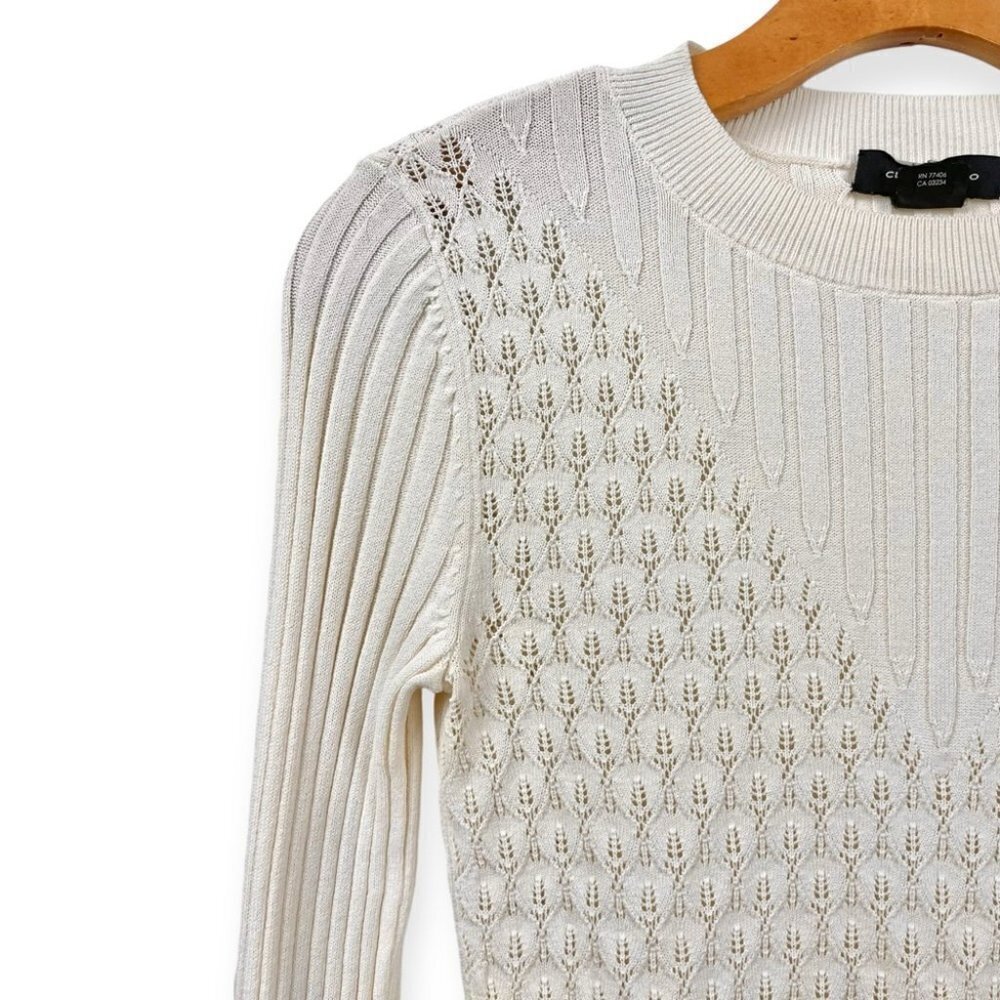 Club Monaco Cream Pointelle and Ribbed Knit Long Sleeve Light Gauge Sweater XS - Picture 4 of 6
